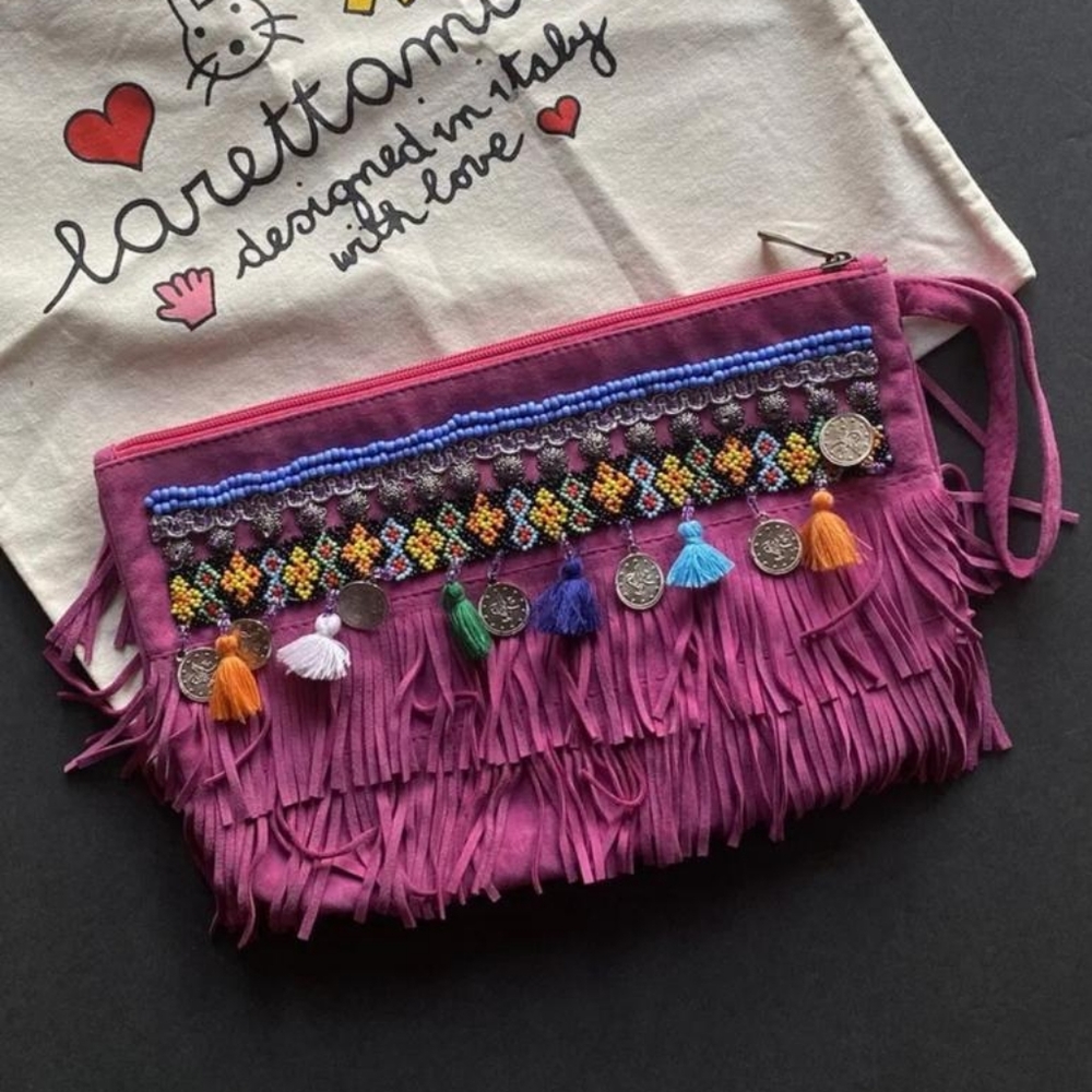 Larettamia Pink Suede Wristlet Handbag/New Without Tags/Made In Italy